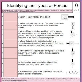 Preview of Identifying Types of Forces *SELF GRADING* google sheet for eLearning