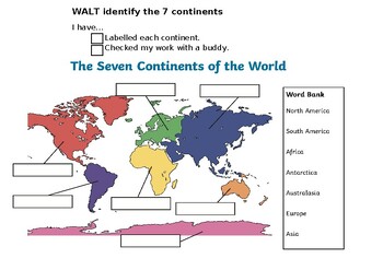 Identifying and Labelling the 7 Continents (year 1 geography) Editable.