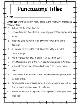 Punctuating Titles Of Works Worksheets Teaching Resources Tpt