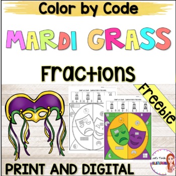 Preview of Identifying fractions with models - Mardi Gras color by code - digital