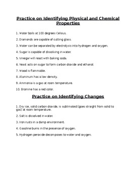 physical and chemical properties and changes practice