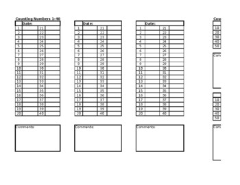 Preview of Identifying #'s 1-40, Counting #'s 1-40, & Counting by 10's to 50 Data Sheet