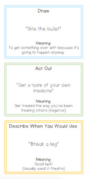 Idiom Card Game (Draw it, Act it, Describe When You Would Use it) 21 x  Examples