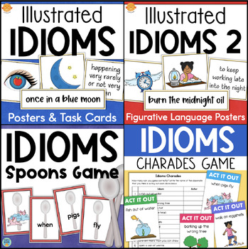 Preview of Idioms BUNDLE Posters & Task Cards 3rd 4th Grade Figurative Language Matching