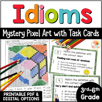 Preview of Idioms Color by Number Pixel Art Task Cards Activity: Print and Digital Options