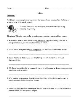 Preview of Idioms: Definition and Worksheet with Detailed Answer Key