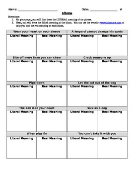 Preview of Idioms-Literal and Nonliteral