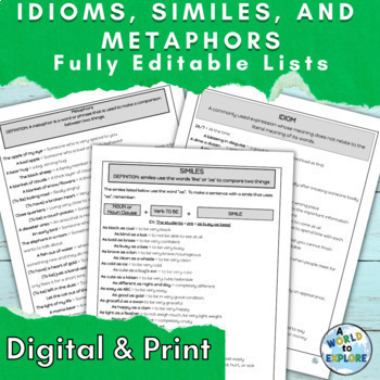 Preview of Idioms, Similes and Metaphors EDITABLE Figurative Language Lists