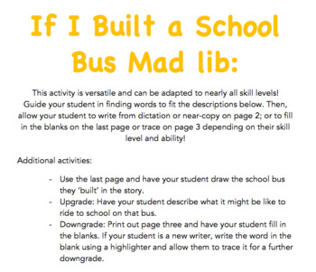 Preview of If I Built a School Bus Mad Lib Handwriting Activity