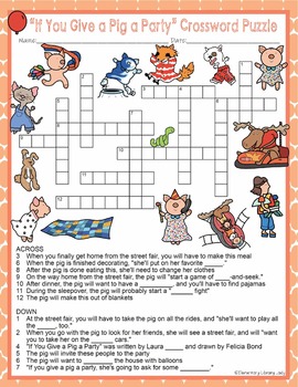 If You Give a Pig a Party Activities Numeroff Crossword Puzzle and