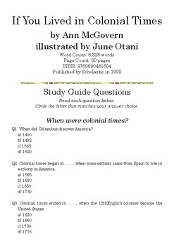 Preview of If You Lived in Colonial Times by Ann McGovern; Study Guide Quiz