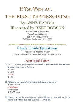 Preview of If You Were At … THE FIRST THANKSGIVING by ANNE KAMMA; Study Guide w/Answer Key
