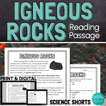 Preview of Igneous Rocks Rock Cycle Reading Comprehension Passage PRINT and DIGITAL