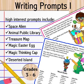 Preview of Writing Prompts w/ Expanded Word Bank |Detailed Lesson Plan | Rubric | Grade 3-6