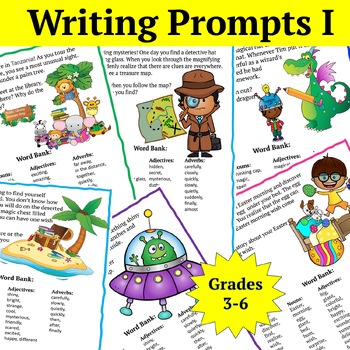 Preview of Writing Prompts w/ Expanded Word Bank |Detailed Lesson Plan | Rubric | Grade 3-6