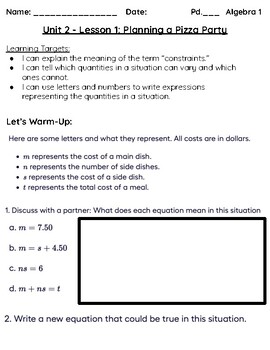 Preview of Illustrative Math - ALGEBRA - Student Worksheets (Unit 2 - Lesson 1)