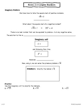 Preview of Imaginary and Complex Numbers - Full Lesson plan/guided notes and HW