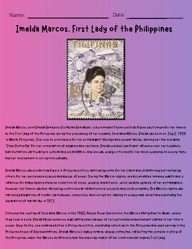 Preview of Imelda Marcos Primary Source Analysis and Research Topics Worksheet