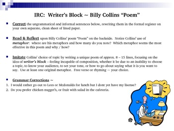 Preview of Grammar, Figurative Language, & Creative Writing Activity~Billy Collins' "Poem"