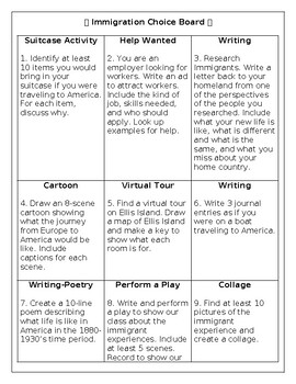 Preview of Immigrant Choice Board Activities & Worksheets