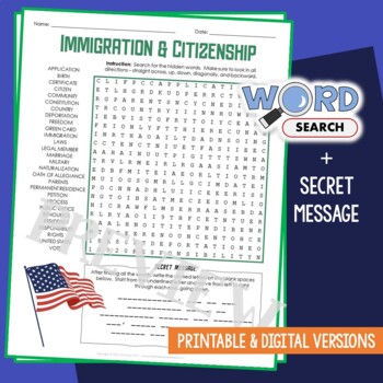 Preview of Immigration & Citizenship Word Search Puzzle Activity Vocabulary Worksheets