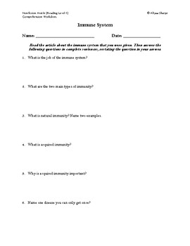 Preview of Immune System Article (Reading Level 1) Comprehension Worksheet