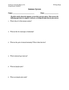 Preview of Immune System Article (Reading Level 2) Comprehension Worksheet