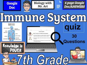 Preview of Immune System quiz- 7th Grade - 30 True/False Questions with Answers
