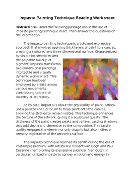 Preview of Impasto Painting Techniques in Art Reading Worksheet **Editable**