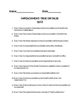 Preview of Impeachment True or False Quiz