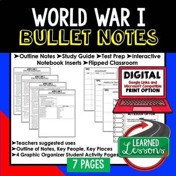 Preview of World War I Outline Notes, World War I Bullet Notes, Unit Review