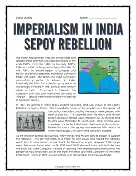 Preview of Imperialism in India - Sepoy Rebellion (Reading, Questions, Research)