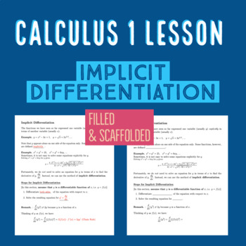 Preview of Implicit Differentiation - Differential Calculus 1 Lesson (Full + Scaffolded)