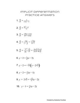 Implicit Differentiation Practice By Kimberly Overtree Tpt