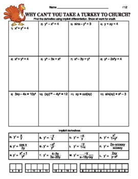 Preview of Implicit Differentiation Riddle Worksheet