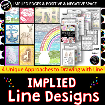 Preview of Middle School Art Drawing: Seasonal Implied Line Designs! 2D Visual Arts Lesson: