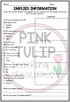 implied vs literal questions worksheets with answers tpt