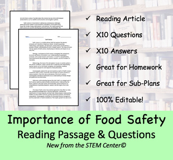 Preview of Importance of Food Safety - Reading Passage and x 10 Questions (EDITABLE)