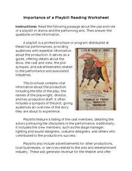 Preview of Importance of a Playbill in Performing Arts Reading Worksheet **Editable**