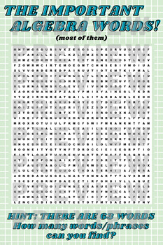 Preview of Important Algebra Words Word Search Classroom Wall Decor Poster (no word bank)