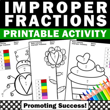 Preview of Improper Fractions Valentines Day Fractions Math Color by Number Worksheets