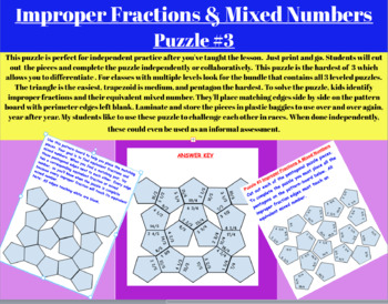 Preview of Improper Fractions and Mixed Numbers Puzzle #3 Pentagon