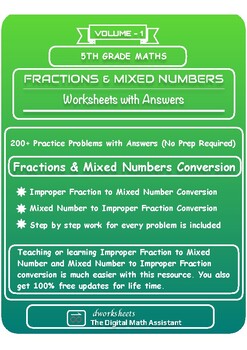 Preview of Improper Fractions and Mixed Numbers Worksheets with Work