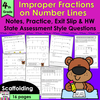 Preview of Improper Fractions on Number Lines: notes, CCLS practice, exit slip, HW, review