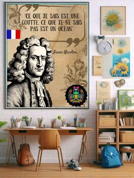 Preview of In French. Isaac Newton Quote: Educational Poster "Ce que je sais est une goutte