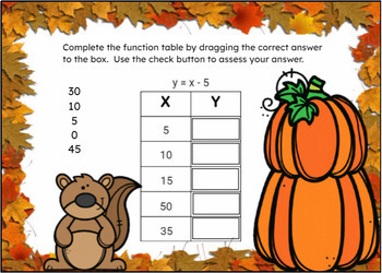 Preview of In Out Boxes Algebra Equations Fall Theme Easel Self Checking