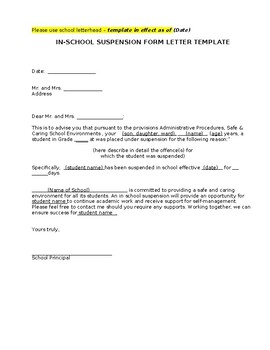 Preview of In-School Suspension Form Letter Template (editable &fillable form)