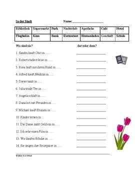 Preview of In der Stadt: German Worksheet on Places around Town with Dative  