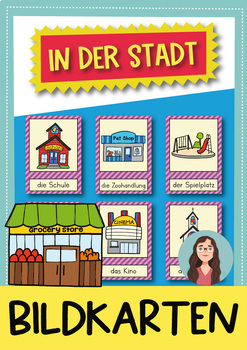 Preview of In der Stadt/In the city Flash Cards for the German class; Deutsch