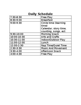 Preview of In-home Daycare Daily Schedule